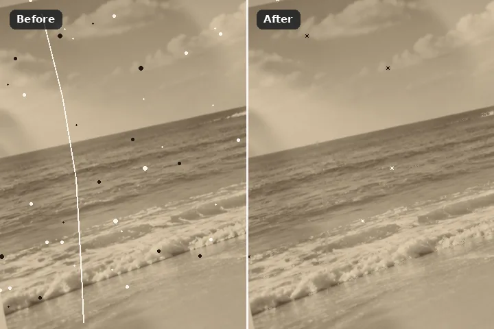 Before and after: a sepia sea scan with dust and a scratch, then a clean scan