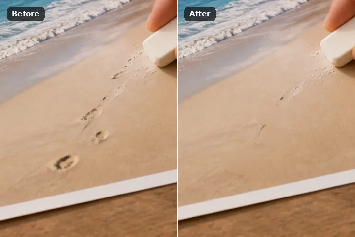Before and after: footprints across the sand, then smooth sand
