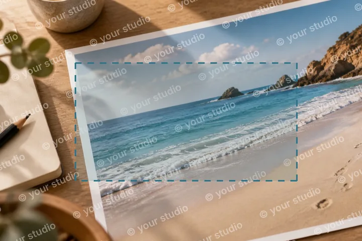 Before and after: a repeated studio watermark across a print, then the clean print