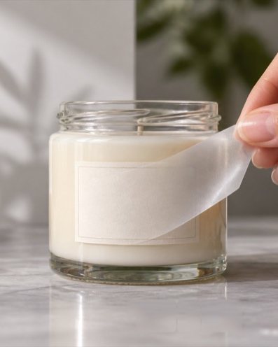 A candle jar on a marble counter, with the orange date stamp erased from the corner